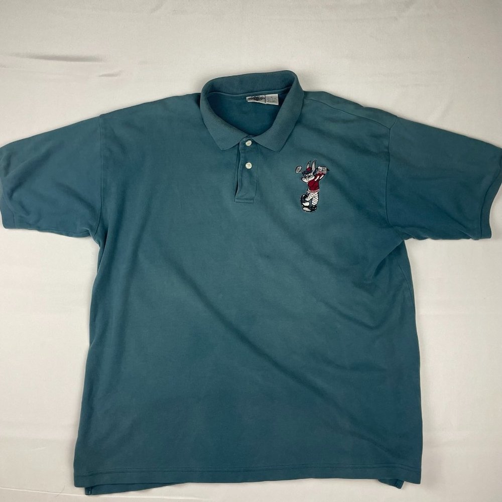 Vintage Acme Looney Toons Embroidered Bugs Bunny Golf Polo Shirt Teal Size XL